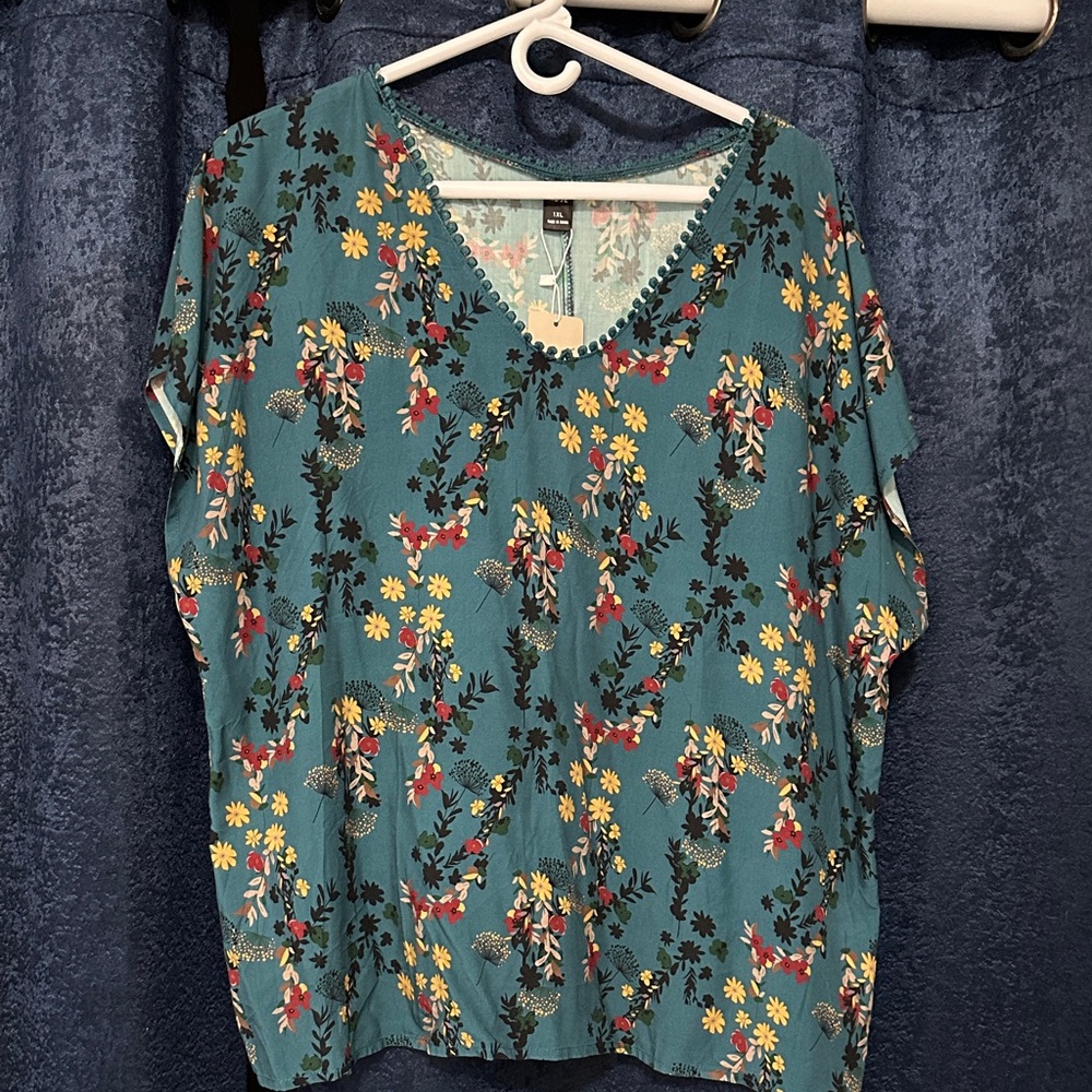 Teal Floral V-Neck Blouse